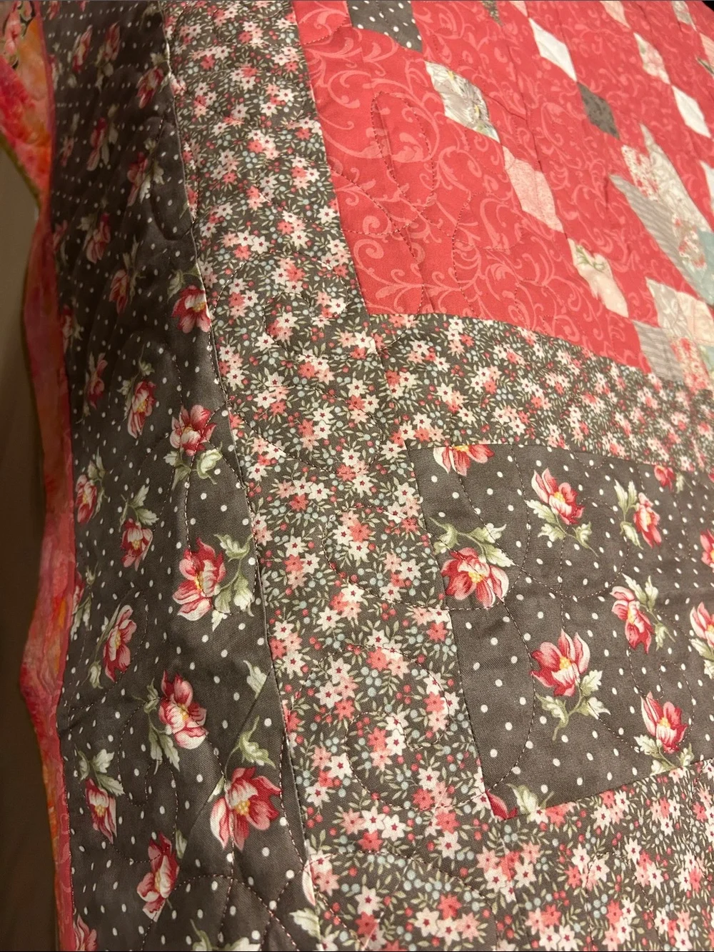 ONE OF A KIND - HANDCRAFTED  Coral and Gray Quilt - Floral